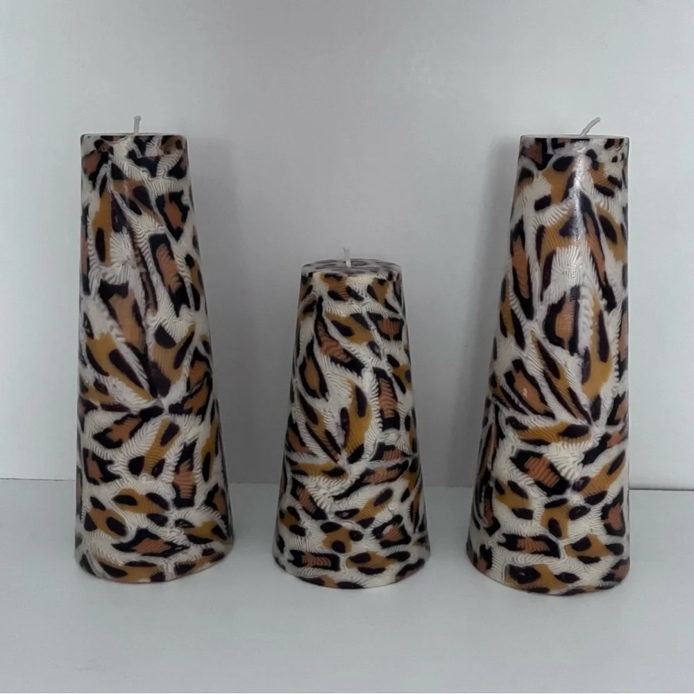 3 UNSCENTED Animal Print Candles Leopard Print: cone shape